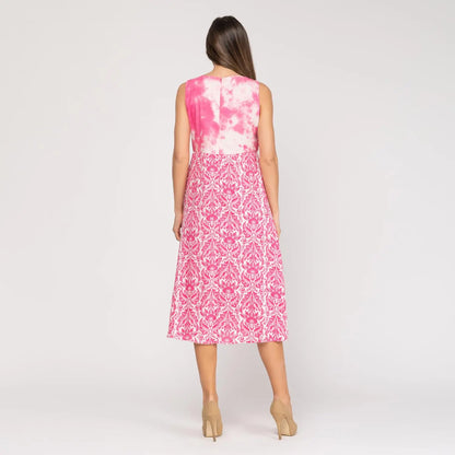 NIZA-Mouwloze midi-jurk met gecombineerde prints en duurzame stof