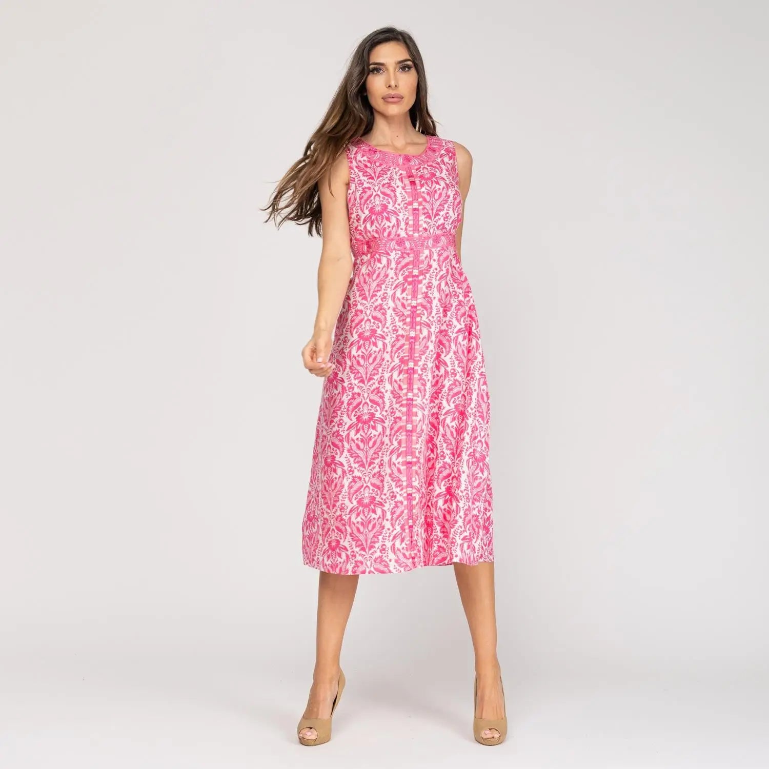 NIZA-Mouwloze midi-jurk met gecombineerde prints en duurzame stof